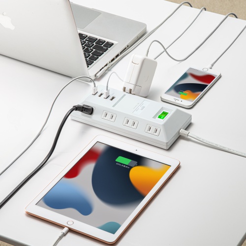 電源タップ（平型・2P・8個口・USB 4ポート・USB充電ポート付き・一括集中スイッチ付・3m・ホワイト） TAP-B109U-3WN