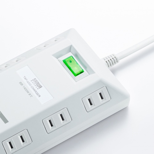 電源タップ（平型・2P・8個口・USB 4ポート・USB充電ポート付き・一括集中スイッチ付・3m・ホワイト） TAP-B109U-3WN