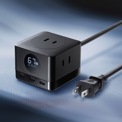 電源タップ（USB Type-C・PD 67W・GaN・コンセント3口・電力表示対応・ケーブル長2m・ブラック）