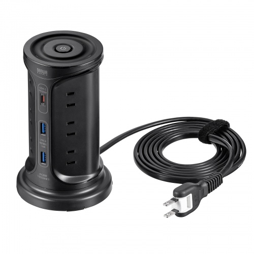 タワー型電源タップ（タワータップ・USB充電対応・PD30W・タイプC搭載・12個口・2m・ブラック）