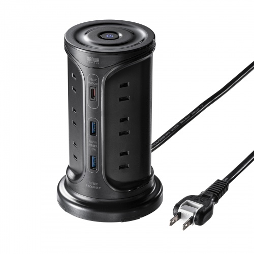 タワー型電源タップ（タワータップ・USB充電対応・PD30W・タイプC搭載・12個口・2m・ブラック）
