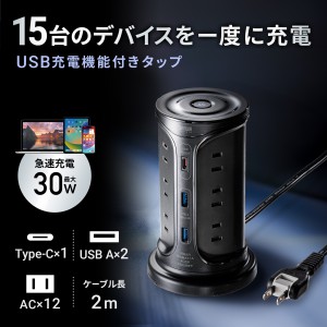 タワー型電源タップ（タワータップ・USB充電対応・PD30W・タイプC搭載・12個口・2m・ブラック）