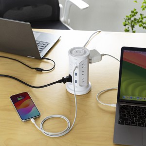 タワー型電源タップ（タワータップ・USB充電対応・PD30W・タイプC搭載・12個口・2m・ホワイト）