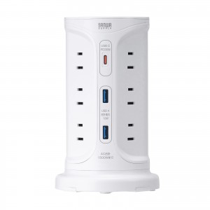 タワー型電源タップ（タワータップ・USB充電対応・PD30W・タイプC搭載・12個口・2m・ホワイト）