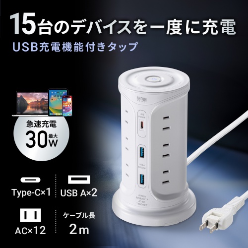 タワー型電源タップ（タワータップ・USB充電対応・PD30W・タイプC搭載・12個口・2m・ホワイト）