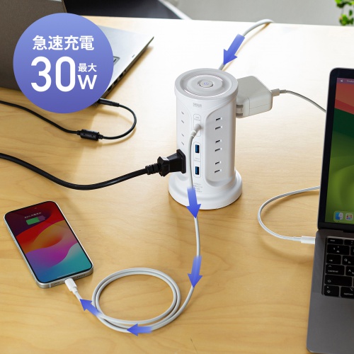 タワー型電源タップ（タワータップ・USB充電対応・PD30W・タイプC搭載・12個口・2m・ホワイト）