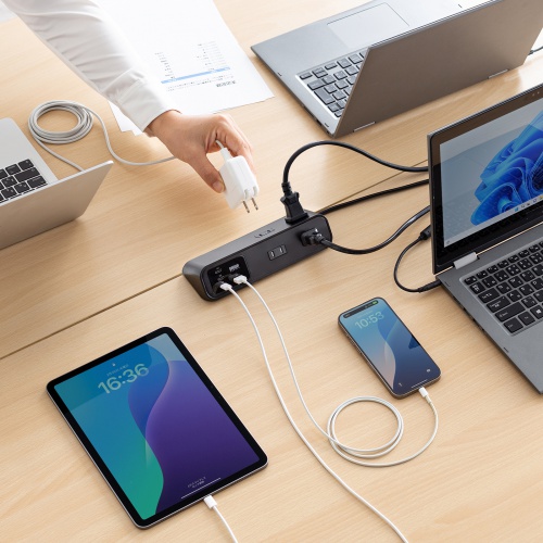 電源タップ（USB充電・AC4個口・USB PD65W対応・USB-A搭載・一括集中スイッチ・2m・クランプ固定・ブラック）