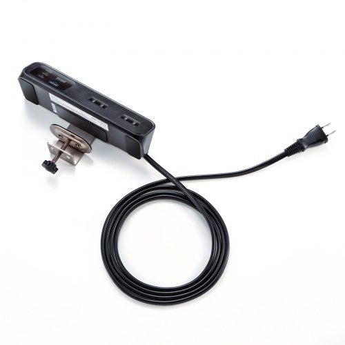電源タップ（USB充電・AC4個口・USB PD65W対応・USB-A搭載・一括集中スイッチ・2m・クランプ固定・ブラック）