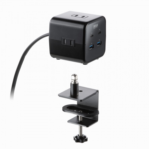 電源タップ（USB充電・AC3個口・USB PD65W対応・USB-A搭載・キューブ型・回転・2m・クランプ固定・ブラック）