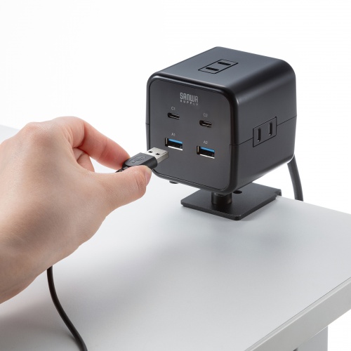 電源タップ（USB充電・AC3個口・USB PD65W対応・USB-A搭載・キューブ型・回転・2m・クランプ固定・ブラック）