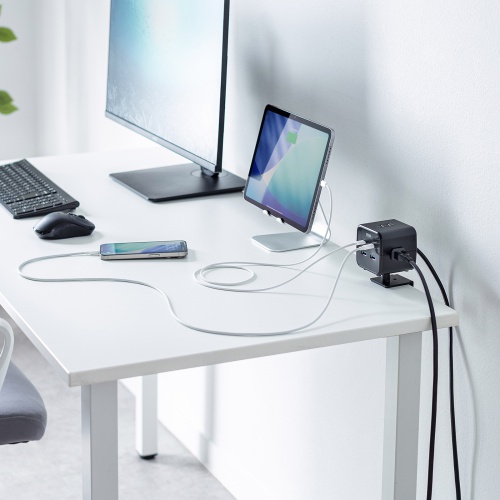 電源タップ（USB充電・AC3個口・USB PD65W対応・USB-A搭載・キューブ型・回転・2m・クランプ固定・ブラック）