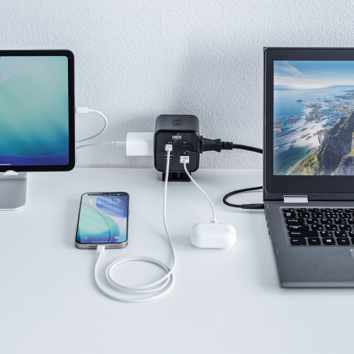 電源タップ（USB充電・AC3個口・USB PD65W対応・USB-A搭載・キューブ型・回転・2m・クランプ固定・ブラック）