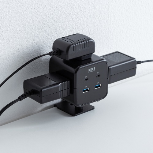 電源タップ（USB充電・AC3個口・USB PD65W対応・USB-A搭載・キューブ型・回転・2m・クランプ固定・ブラック）