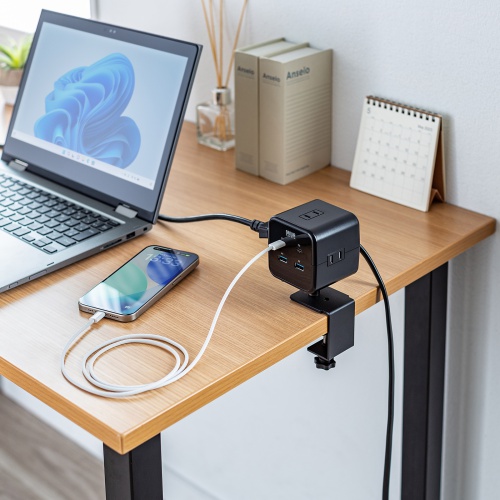 電源タップ（USB充電・AC3個口・USB PD65W対応・USB-A搭載・キューブ型・回転・2m・クランプ固定・ブラック）