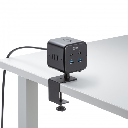 電源タップ（USB充電・AC3個口・USB PD65W対応・USB-A搭載・キューブ型・回転・2m・クランプ固定・ブラック）