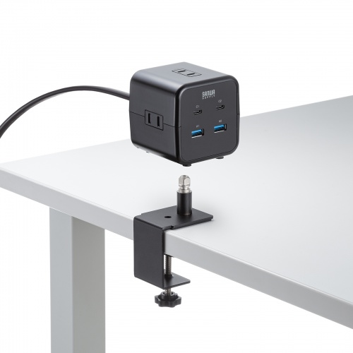 電源タップ（USB充電・AC3個口・USB PD65W対応・USB-A搭載・キューブ型・回転・2m・クランプ固定・ブラック）