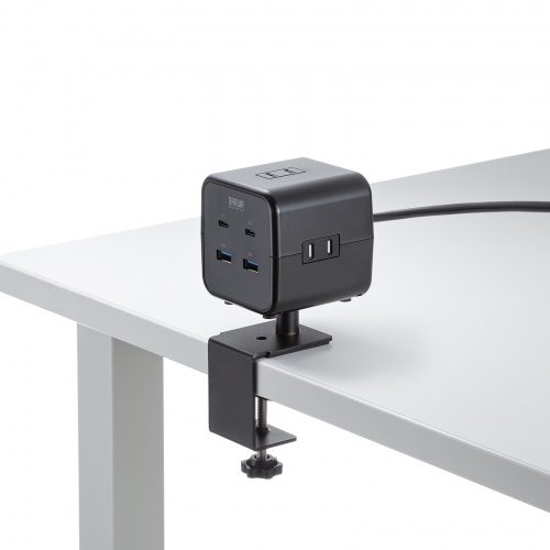 電源タップ（USB充電・AC3個口・USB PD65W対応・USB-A搭載・キューブ型・回転・2m・クランプ固定・ブラック）
