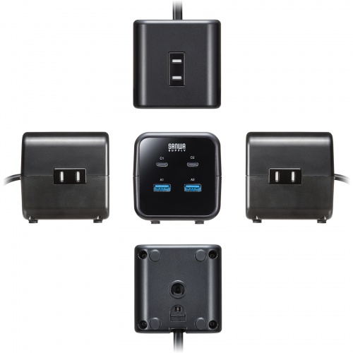 電源タップ（USB充電・AC3個口・USB PD65W対応・USB-A搭載・キューブ型・回転・2m・クランプ固定・ブラック）