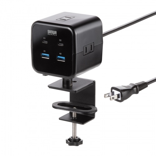電源タップ（USB充電・AC3個口・USB PD65W対応・USB-A搭載・キューブ型・回転・2m・クランプ固定・ブラック）