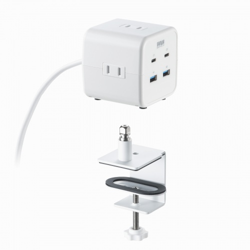 電源タップ（USB充電・AC3個口・USB PD65W対応・USB-A搭載・キューブ型・回転・2m・クランプ固定・ホワイト）