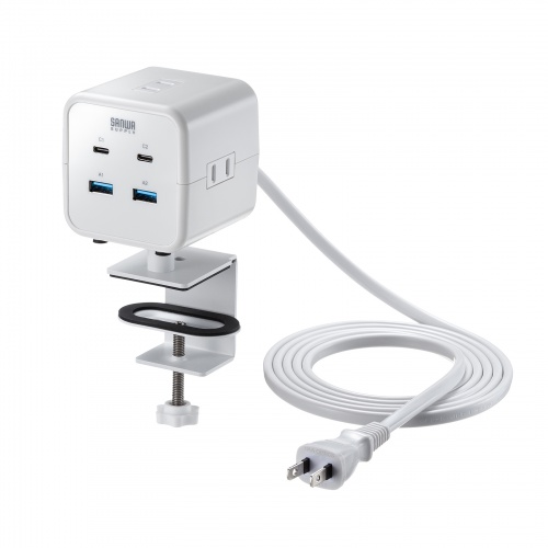電源タップ（USB充電・AC3個口・USB PD65W対応・USB-A搭載・キューブ型・回転・2m・クランプ固定・ホワイト）