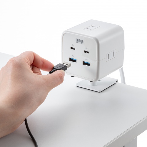 電源タップ（USB充電・AC3個口・USB PD65W対応・USB-A搭載・キューブ型・回転・2m・クランプ固定・ホワイト）