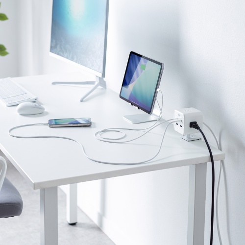 電源タップ（USB充電・AC3個口・USB PD65W対応・USB-A搭載・キューブ型・回転・2m・クランプ固定・ホワイト）