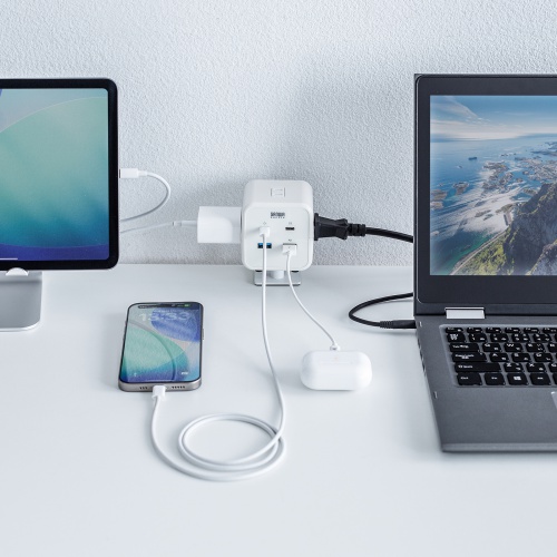 電源タップ（USB充電・AC3個口・USB PD65W対応・USB-A搭載・キューブ型・回転・2m・クランプ固定・ホワイト）