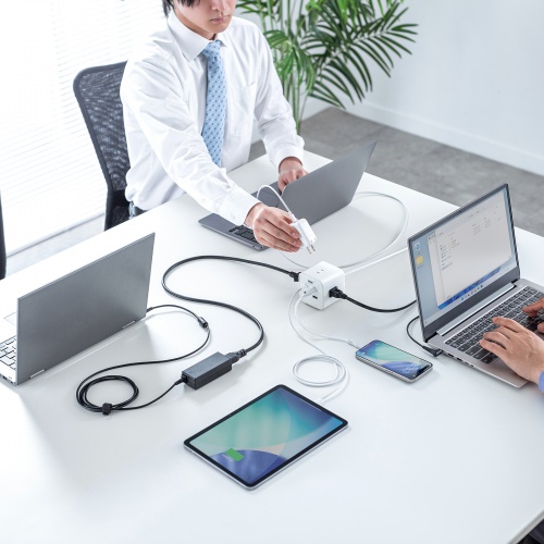 電源タップ（USB充電・AC3個口・USB PD65W対応・USB-A搭載・キューブ型・回転・2m・クランプ固定・ホワイト）