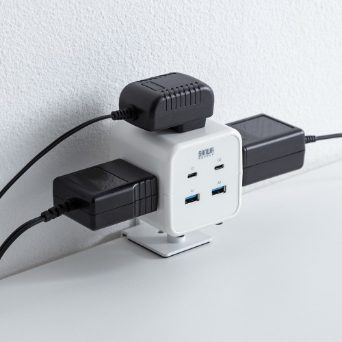 電源タップ（USB充電・AC3個口・USB PD65W対応・USB-A搭載・キューブ型・回転・2m・クランプ固定・ホワイト）