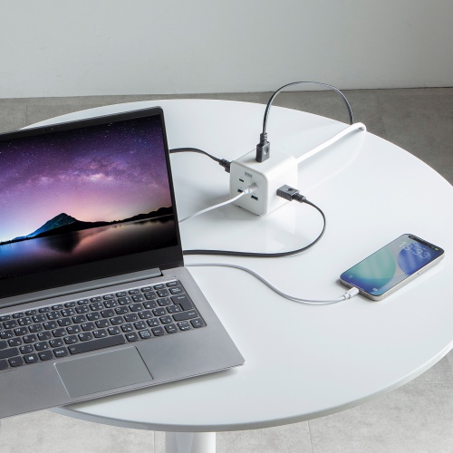 電源タップ（USB充電・AC3個口・USB PD65W対応・USB-A搭載・キューブ型・回転・2m・クランプ固定・ホワイト）
