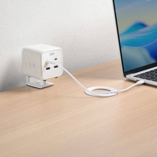 電源タップ（USB充電・AC3個口・USB PD65W対応・USB-A搭載・キューブ型・回転・2m・クランプ固定・ホワイト）