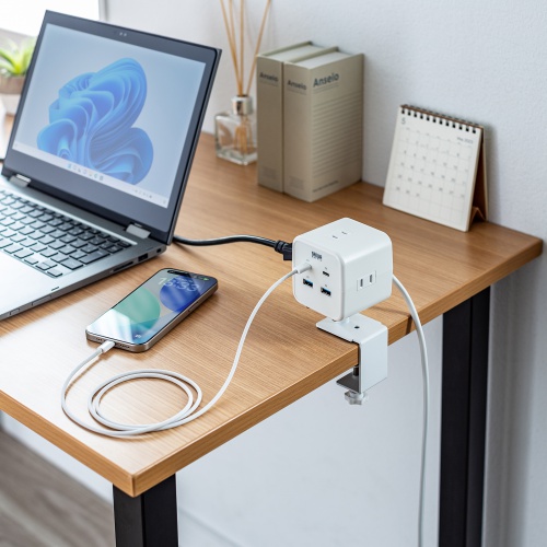 電源タップ（USB充電・AC3個口・USB PD65W対応・USB-A搭載・キューブ型・回転・2m・クランプ固定・ホワイト）