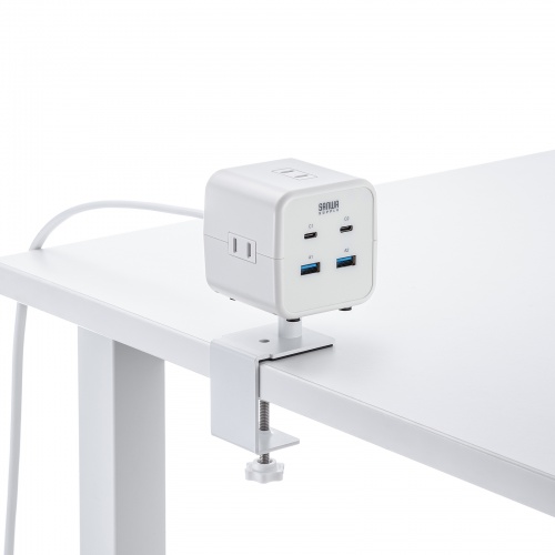 電源タップ（USB充電・AC3個口・USB PD65W対応・USB-A搭載・キューブ型・回転・2m・クランプ固定・ホワイト）