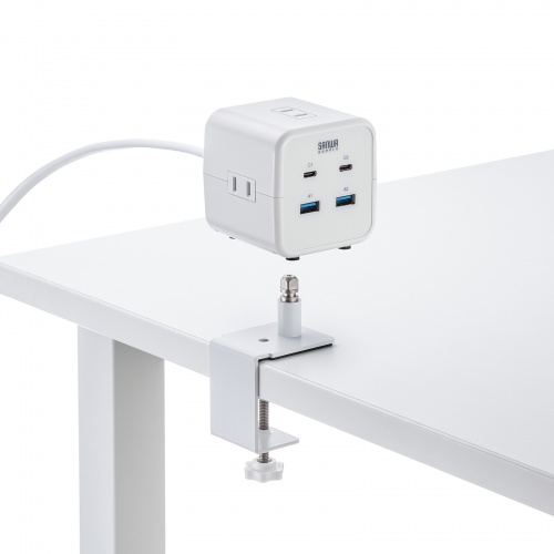 電源タップ（USB充電・AC3個口・USB PD65W対応・USB-A搭載・キューブ型・回転・2m・クランプ固定・ホワイト）