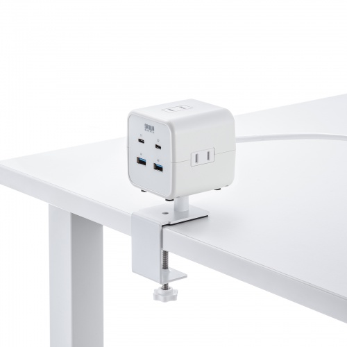 電源タップ（USB充電・AC3個口・USB PD65W対応・USB-A搭載・キューブ型・回転・2m・クランプ固定・ホワイト）