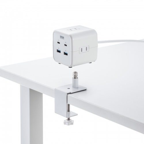 電源タップ（USB充電・AC3個口・USB PD65W対応・USB-A搭載・キューブ型・回転・2m・クランプ固定・ホワイト）