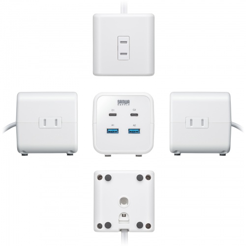 電源タップ（USB充電・AC3個口・USB PD65W対応・USB-A搭載・キューブ型・回転・2m・クランプ固定・ホワイト）