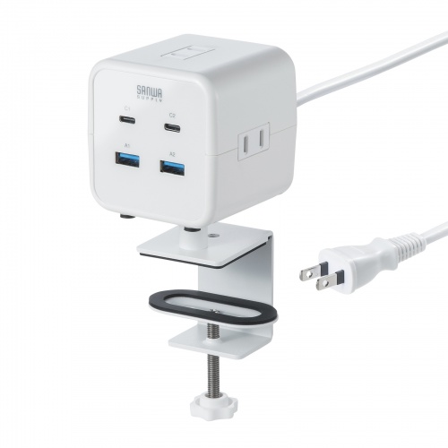 電源タップ（USB充電・AC3個口・USB PD65W対応・USB-A搭載・キューブ型・回転・2m・クランプ固定・ホワイト）