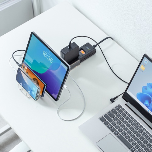 スマホスタンド付きタップ（2P・5個口・3m・USBポート・ブラック）