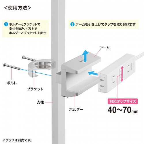 電源タップホルダー（クランプ式・支柱取付・ポール取付・整理整頓・配線整理・ホワイト）