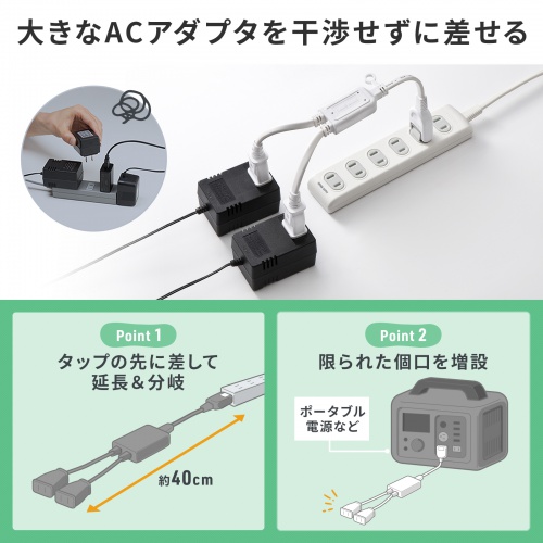 延長コード（2個口・2分岐・便利・おすすめ・白）TAP-EX2WN サンワサプライ