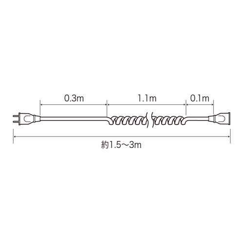 【訳あり 新品】延長コード（1.5～3m・一個口・カールコード・おすすめ・便利・白） TAP-EXC3 サンワサプライ※箱にキズ、汚れあり