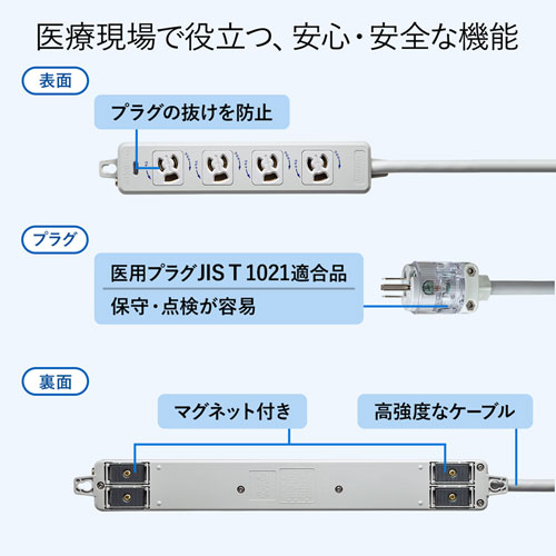 医用接地プラグ付き電源タップ（3P・4個口・グレー・1m）