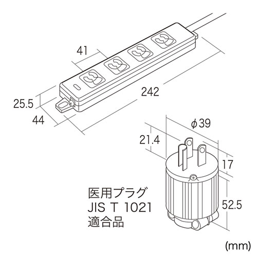 医用接地プラグ付き電源タップ（3P・4個口・グリーン・5m）