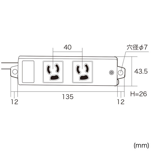 3P・2個口・3PL型プラグ1mコード・抜け止め・マグネット付き簡易包装の(工事物件)電源タップ