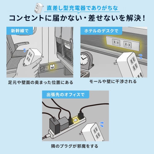 【アウトレット】巻き取りコード式モバイルタップ（AC2個口・C×2・USB-A×1・PD65W・0.8m）