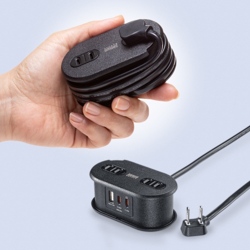 【アウトレット】巻き取りコード式モバイルタップ（AC2個口・C×2・USB-A×1・PD65W・0.8m）