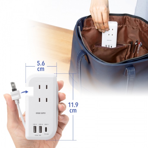 【訳あり 新品】巻き取り式モバイルタップ（AC3個口＋Type-C×1＋USB-A×2・ PD33W・ホワイト）
