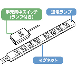 3P・8＋1個口・3Pプラグ(2P変換プラグ・マグネット付)2mコード・抜け止め、手元スイッチ付抜け止め電源タップ